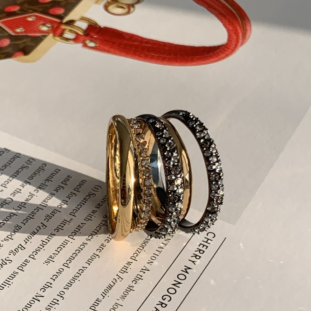 Alexis Bittar Pavé Orbit Crystal Layered Ring New Size 7 Gold/Gunmetal 2 Toned
